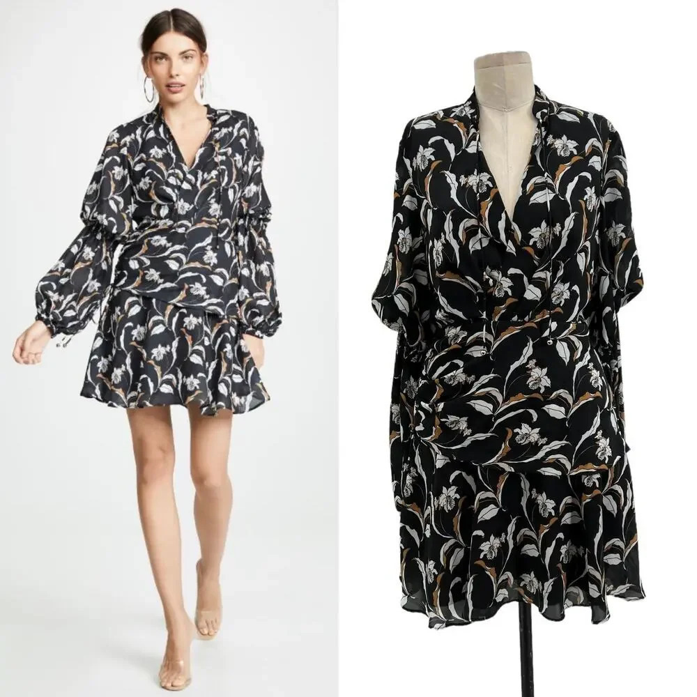 Acler Zammit Mini Dress Long Sleeve Floral Printed Draped Navy Blue Size US 6‎
